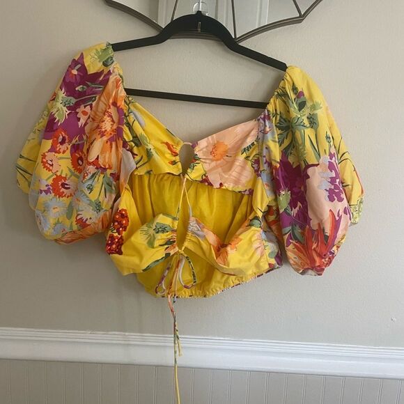 H&M Women's Floral Print Puff Sleeve Open Back Top - Picture 7 of 9